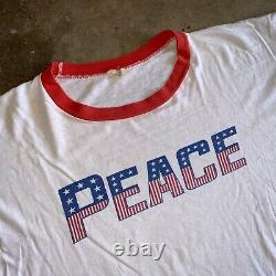 1960s SUPER RARE VINTAGE 60s PEACE ANTI-VIETNAM WAR PROTEST RINGER T-SHIRT SZ L