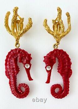 Authentic Ysl Yves Saint Laurent Vintage Super Rare Sea Horse Coral Earrings