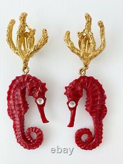 Authentic Ysl Yves Saint Laurent Vintage Super Rare Sea Horse Coral Earrings