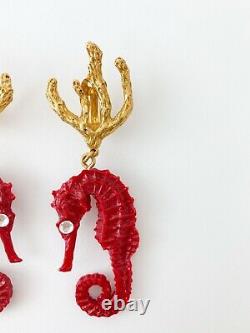 Authentic Ysl Yves Saint Laurent Vintage Super Rare Sea Horse Coral Earrings