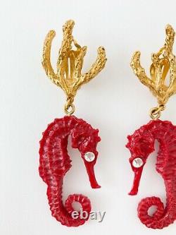 Authentic Ysl Yves Saint Laurent Vintage Super Rare Sea Horse Coral Earrings