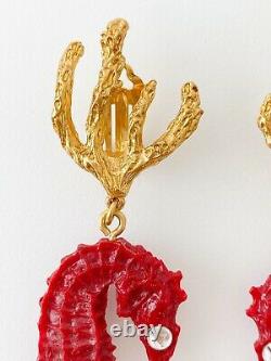 Authentic Ysl Yves Saint Laurent Vintage Super Rare Sea Horse Coral Earrings