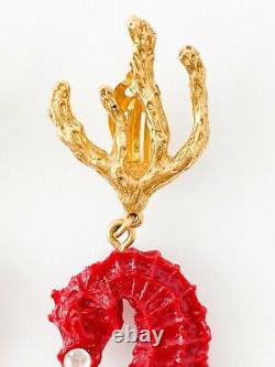 Authentic Ysl Yves Saint Laurent Vintage Super Rare Sea Horse Coral Earrings