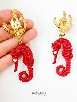 Authentic Ysl Yves Saint Laurent Vintage Super Rare Sea Horse Coral Earrings