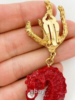 Authentic Ysl Yves Saint Laurent Vintage Super Rare Sea Horse Coral Earrings