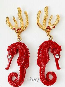 Authentic Ysl Yves Saint Laurent Vintage Super Rare Sea Horse Coral Earrings