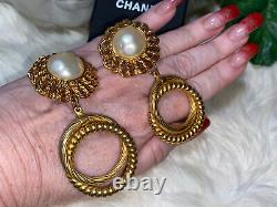Coco Chanel Super Rare Vintage Huge Pearl Drop Hoop Dangly 3 1/2 IN Earrings
