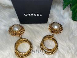 Coco Chanel Super Rare Vintage Huge Pearl Drop Hoop Dangly 3 1/2 IN Earrings
