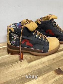 Evisu Boots Super Rare Vintage Leather Denim Embroidered Crane UK 10 US 11 Mens