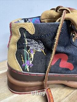 Evisu Boots Super Rare Vintage Leather Denim Embroidered Crane UK 10 US 11 Mens