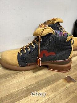 Evisu Boots Super Rare Vintage Leather Denim Embroidered Crane UK 10 US 11 Mens