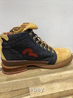 Evisu Boots Super Rare Vintage Leather Denim Embroidered Crane UK 10 US 11 Mens