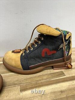 Evisu Boots Super Rare Vintage Leather Denim Embroidered Crane UK 10 US 11 Mens