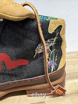 Evisu Boots Super Rare Vintage Leather Denim Embroidered Crane UK 10 US 11 Mens