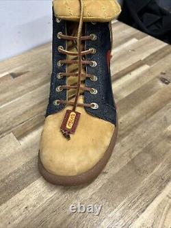 Evisu Boots Super Rare Vintage Leather Denim Embroidered Crane UK 10 US 11 Mens