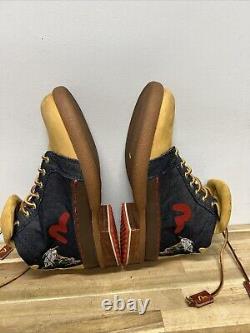 Evisu Boots Super Rare Vintage Leather Denim Embroidered Crane UK 10 US 11 Mens