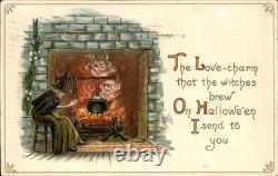 Halloween Witch by Fireplace L. &E. 7027 SUPER RARE Vintage Postcard bhn