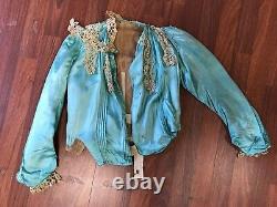 RARE Antique Victorian Children Kid Blue Silk Bodice Blouse with Lace Trim AS IS