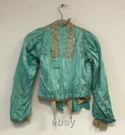RARE Antique Victorian Children Kid Blue Silk Bodice Blouse with Lace Trim AS IS