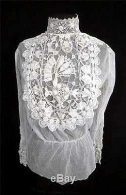 Rare Antique French Victorian White Cotton Net And Lace Blouse Size 36-38