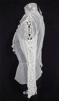 Rare Antique French Victorian White Cotton Net And Lace Blouse Size 36-38