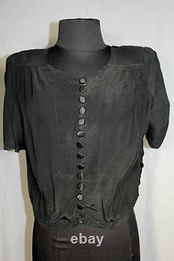 Rare French 1940's Wwii Era Black Rayon Crepe Blouse Size 36-38