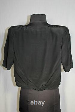 Rare French 1940's Wwii Era Black Rayon Crepe Blouse Size 36-38