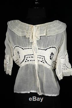 Rare French Antique Victorian-edwardian Era Tea Color Cotton Lace Blouse Size 40