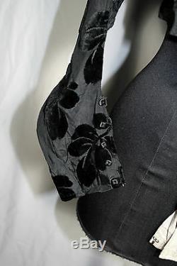Rare French Victorian Black Silk Cut Velvet Blouse Size 34-36