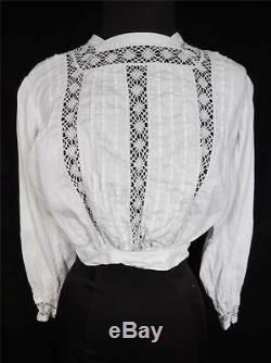 Rare French Victorian-edwardian White Brocade Cotton And Lace Blouse Size Small