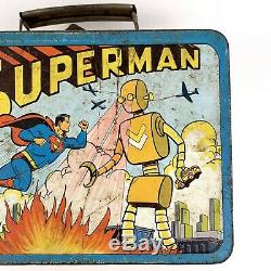 Rare Vintage 1954 Super Man vs Robot Metal Lunchbox with Original Thermos By Adco