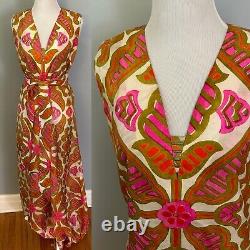 Rare Vintage 60s Silk Indian Super Wide Leg Harem Jumpsuit Floral Tropical S/M