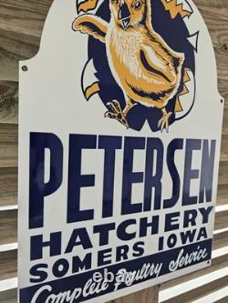 Rare Vintage Petersen Hatchery, Somers Iowa 24x 17 Porcelain Sign Super Nice