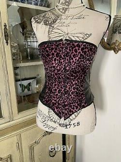 Rare Vintage Y2k Goth Black Vinyl Pink Leopard Fur Corset Bustier S Lip Service