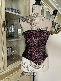 Rare Vintage Y2k Goth Black Vinyl Pink Leopard Fur Corset Bustier S Lip Service