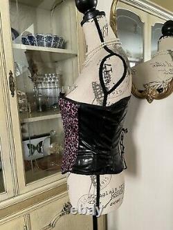 Rare Vintage Y2k Goth Black Vinyl Pink Leopard Fur Corset Bustier S Lip Service