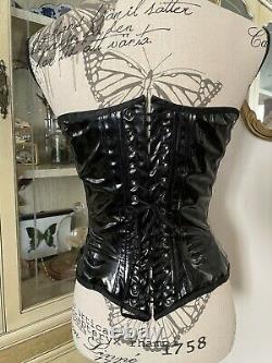 Rare Vintage Y2k Goth Black Vinyl Pink Leopard Fur Corset Bustier S Lip Service