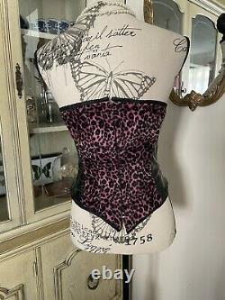 Rare Vintage Y2k Goth Black Vinyl Pink Leopard Fur Corset Bustier S Lip Service