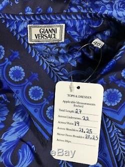 Rare Vtg Gianni Versace Blue Barocco Crown Print Silk Shirt S 40