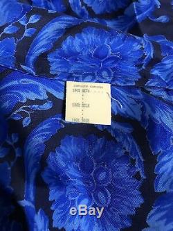 Rare Vtg Gianni Versace Blue Barocco Crown Print Silk Shirt S 40