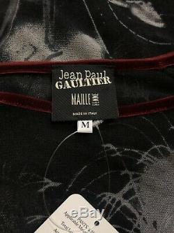 Rare Vtg Jean Paul Gaultier Black Paris Eiffel Print Mesh Velvet Trim Top M