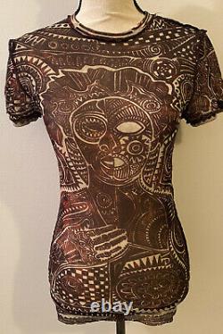 Rare Vtg Jean Paul Gaultier Fuzzi Maille Light & Dark Print Sheer Mesh Top M Euc