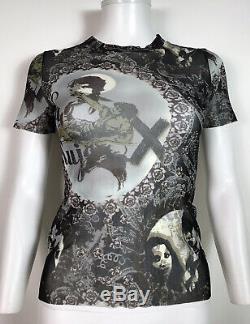 Rare Vtg Jean Paul Gaultier JPG Black'La Mujer' Print Mesh Top S