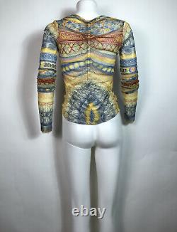 Rare Vtg Jean Paul Gaultier Yellow Currency Font Print Flower Print Mesh Top L