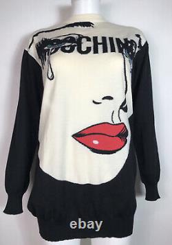 Rare Vtg Moschino Black Lichtenstein Logo Face Print Sweater XS