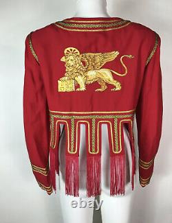 Rare Vtg Moschino Couture 80s Red Gold Embroidered Griffin Fringe Crop Jacket XS