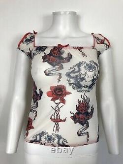 Rare Vtg Roberto Cavalli White Sheer Tattoo Print Top M