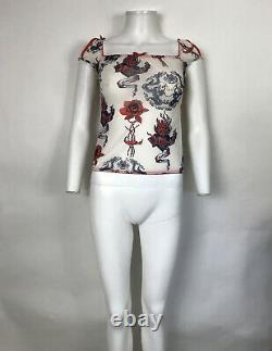 Rare Vtg Roberto Cavalli White Sheer Tattoo Print Top M