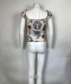 Rare Vtg Roberto Cavalli White Sheer Tattoo Print Top M