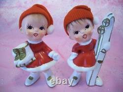 SUPER RARE VTG Japan Christmas Candy Cane Boy Elf Pixie Figurine Set